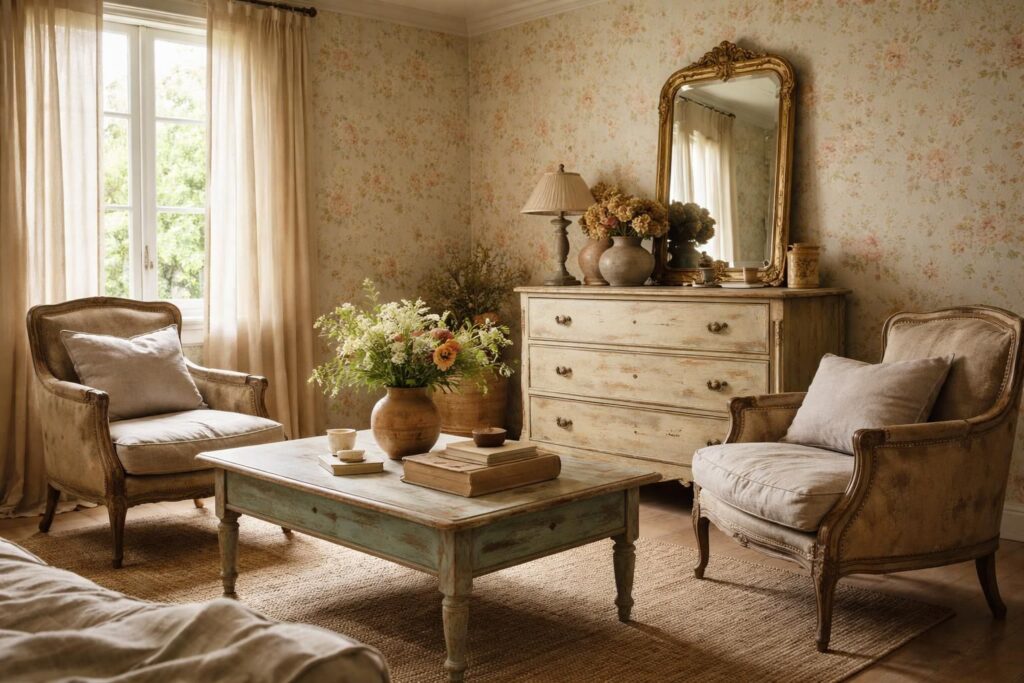 découvrez comment restaurer un intérieur chaleureux en associant meubles anciens patinés et papier peint vintage little greene pour un style unique et authentique.