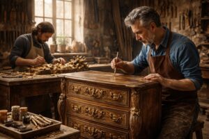 confiez la restauration de vos meubles antiques à nos artisans ébénistes experts en patine et dorure pour redonner vie et éclat à vos pièces anciennes avec savoir-faire et passion.